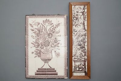 A large manganese Dutch Delft tile mural with a flowervase and a column with cherubs, 18th & 19th C.