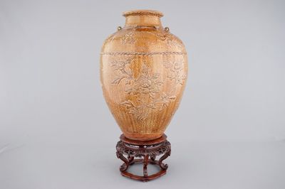 A large Martaban on a carved hardwood stand, 18/19th C.