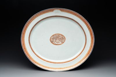 A large oval Chinese export 'EHA' monogrammed 'landscape' dish, Jiaqing, ca. 1800