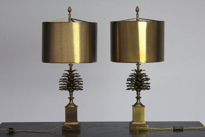 A large pair of Maison Charles pine cone lamps, bronze, ca. 1950
