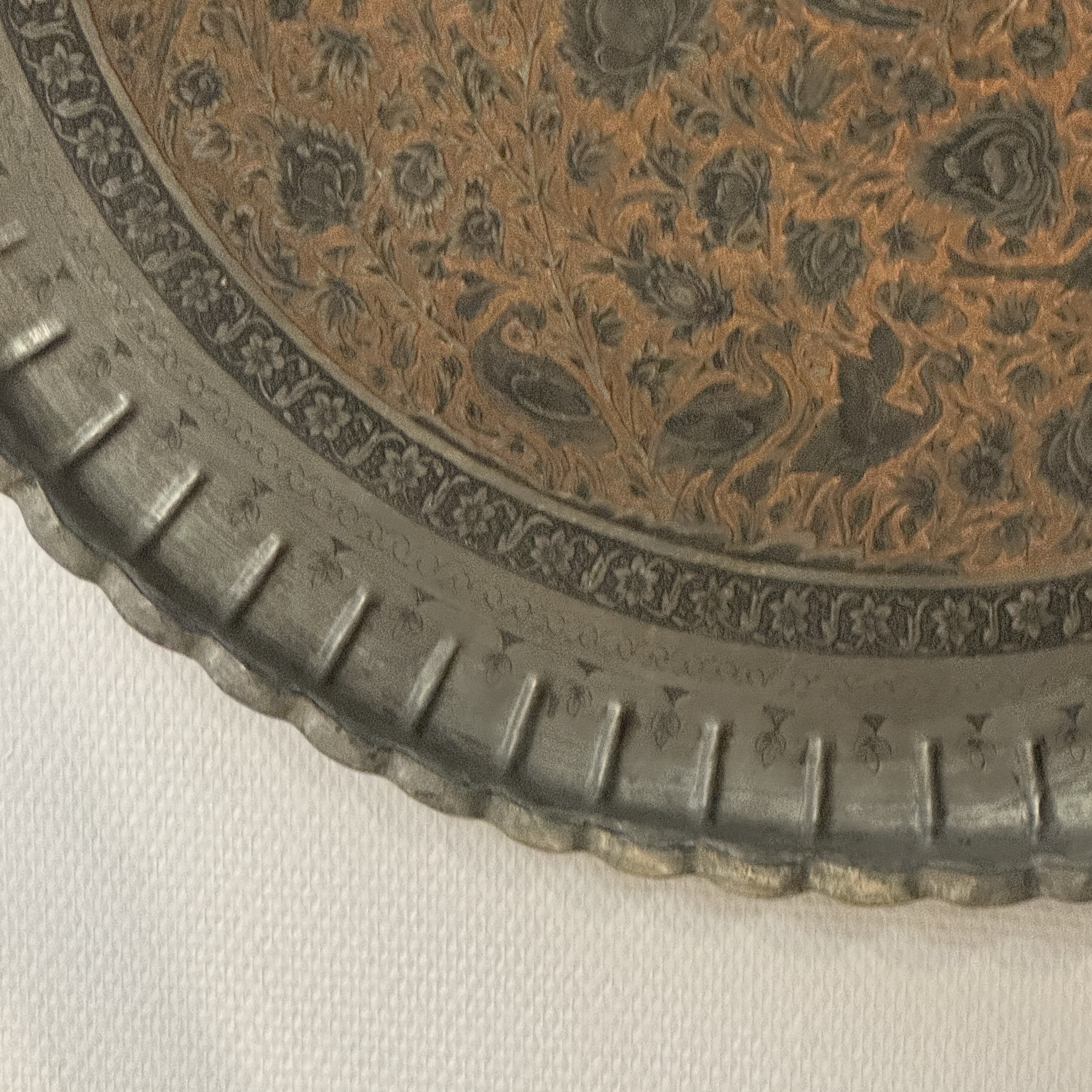 A large Persian engraved tinned-copper tray with birds among flowers — photo 2