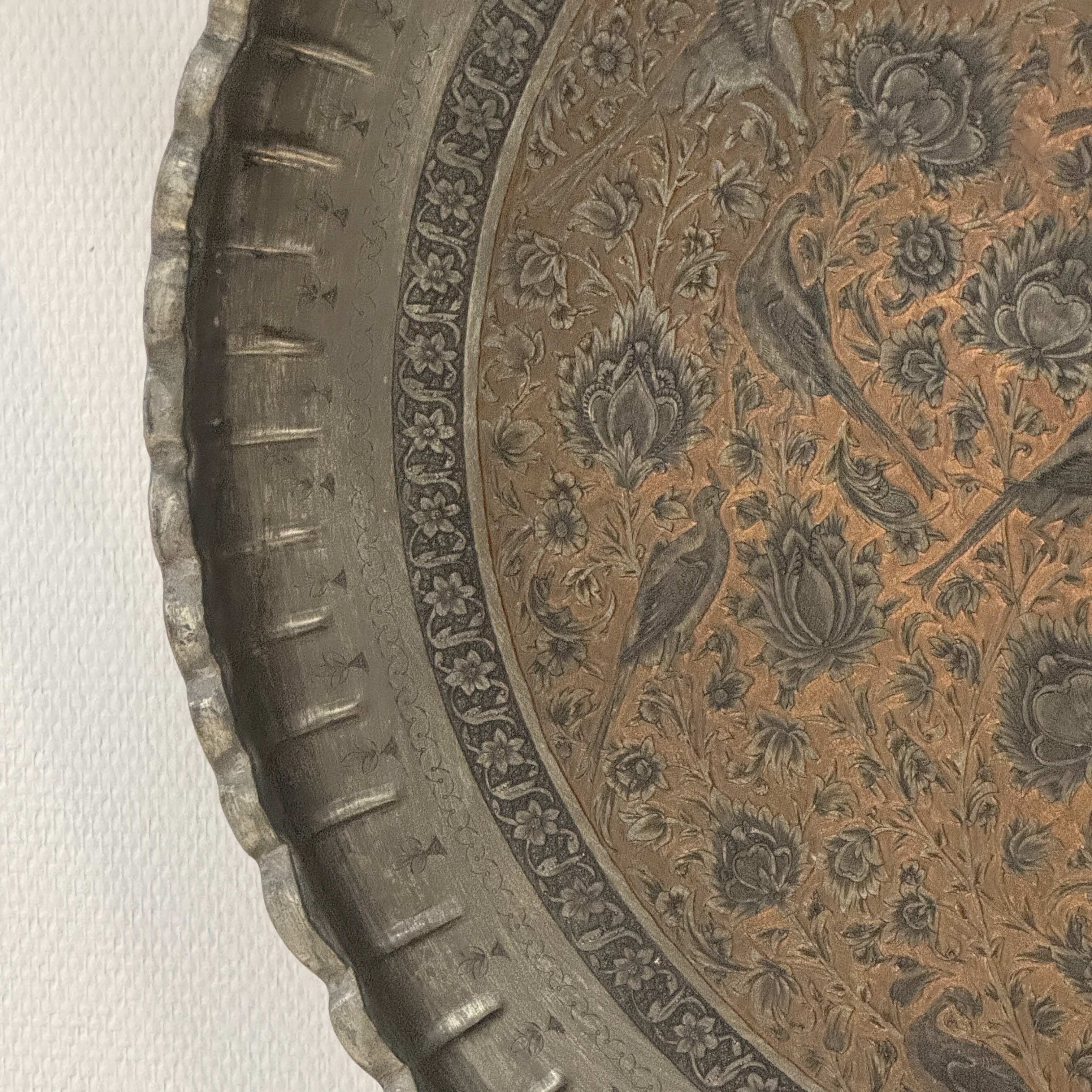 A large Persian engraved tinned-copper tray with birds among flowers — photo 3