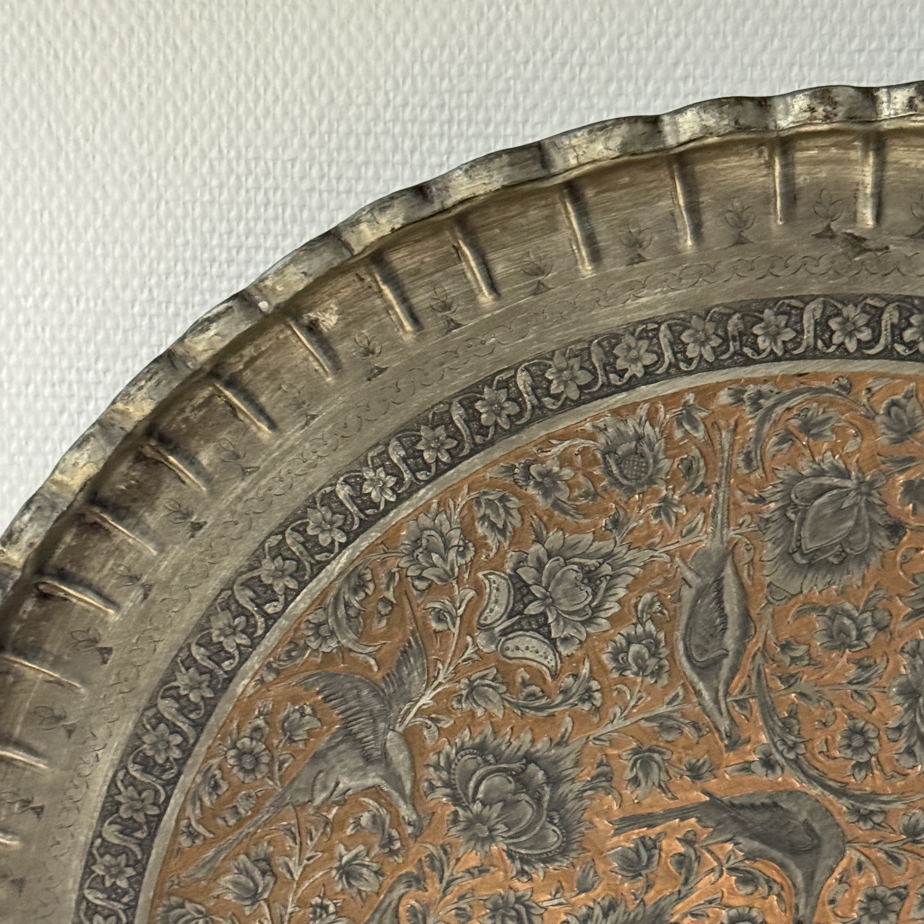 A large Persian engraved tinned-copper tray with birds among flowers — photo 4