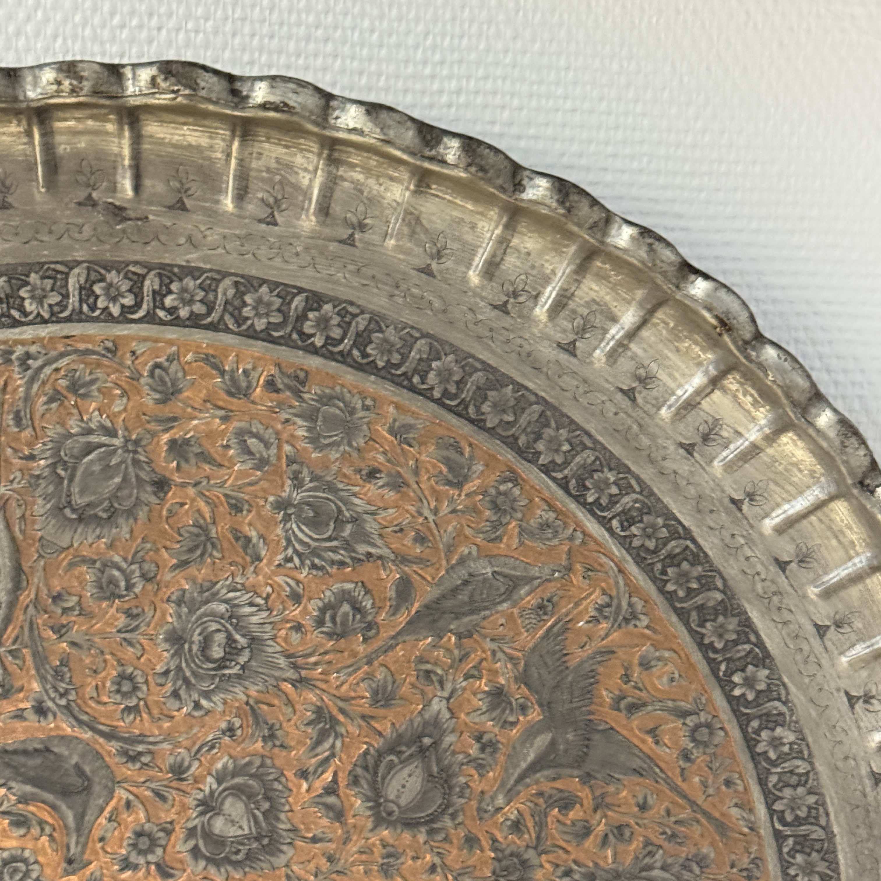 A large Persian engraved tinned-copper tray with birds among flowers — photo 5