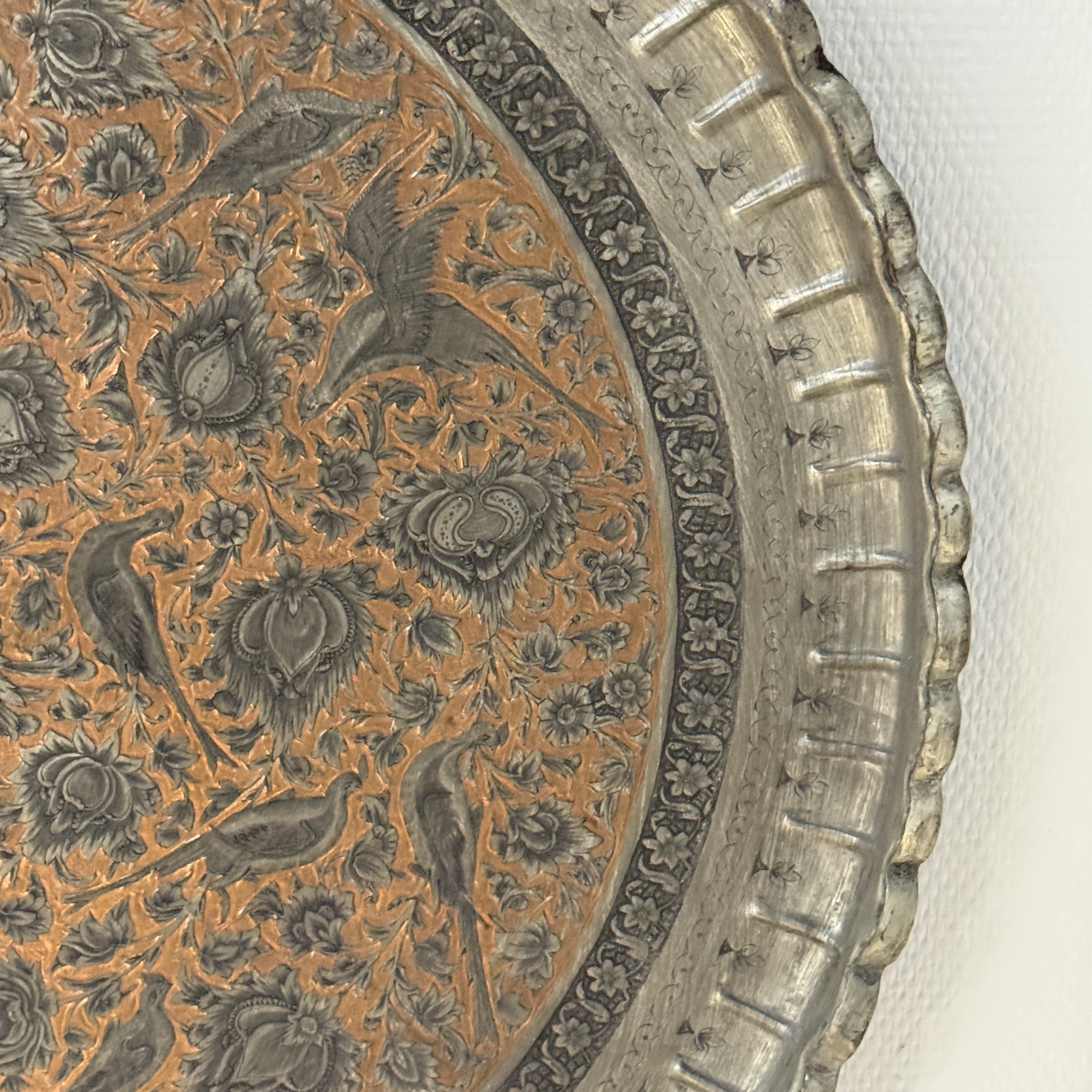 A large Persian engraved tinned-copper tray with birds among flowers — photo 6