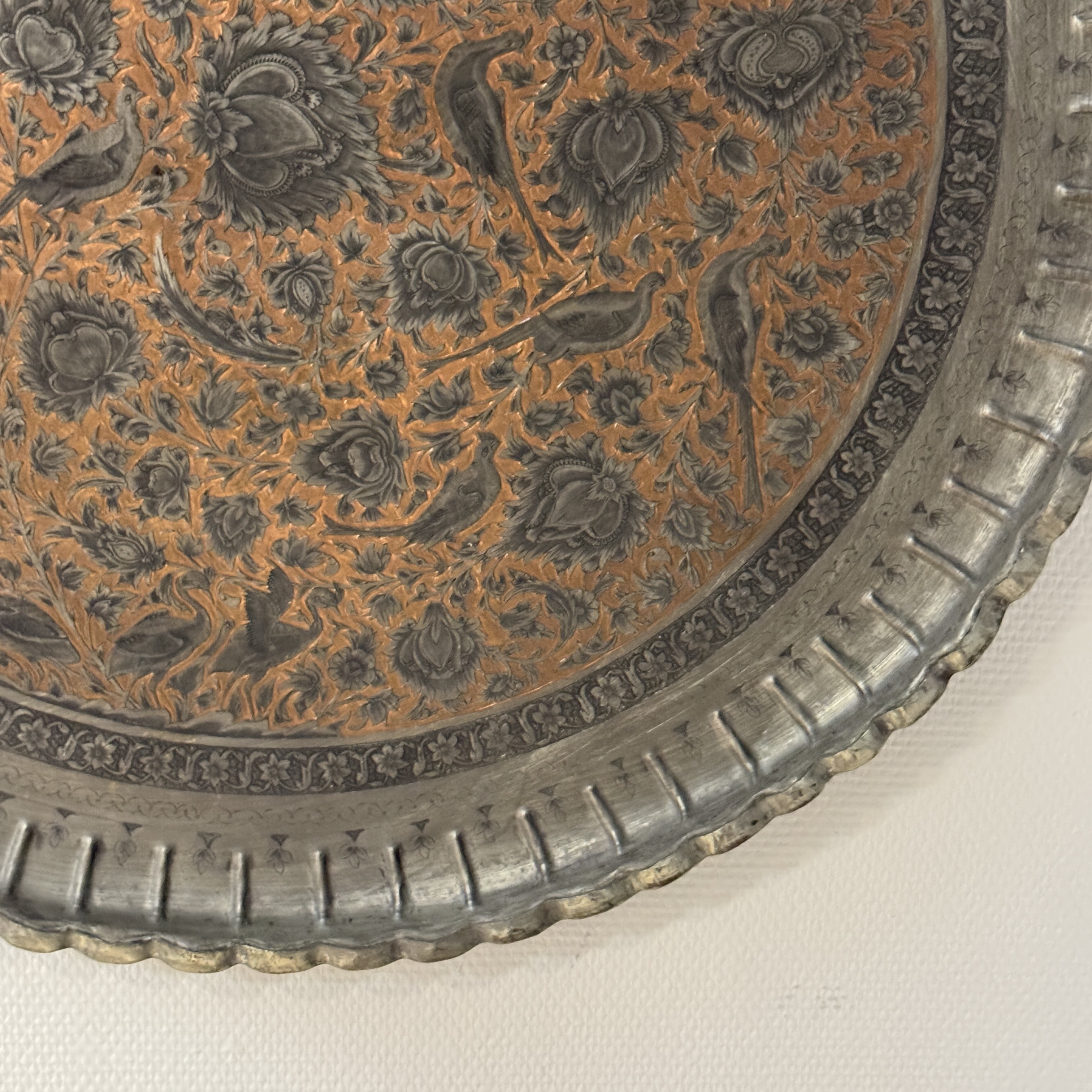 A large Persian engraved tinned-copper tray with birds among flowers — photo 7