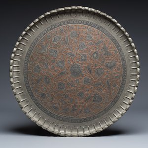 A large Persian engraved tinned-copper tray with birds among flowers — photo 1