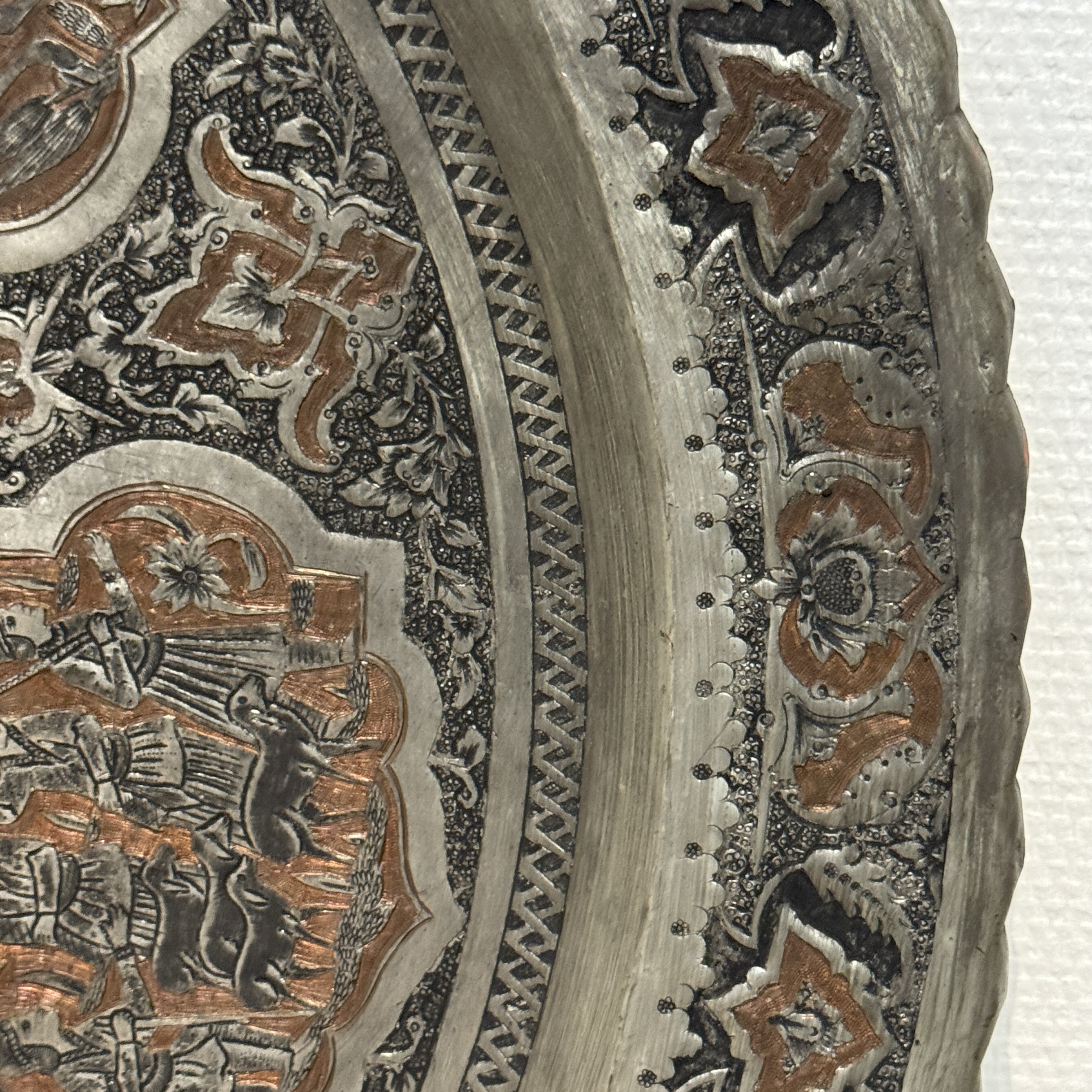 A large Persian engraved tinned-copper tray with narrative design — photo 9