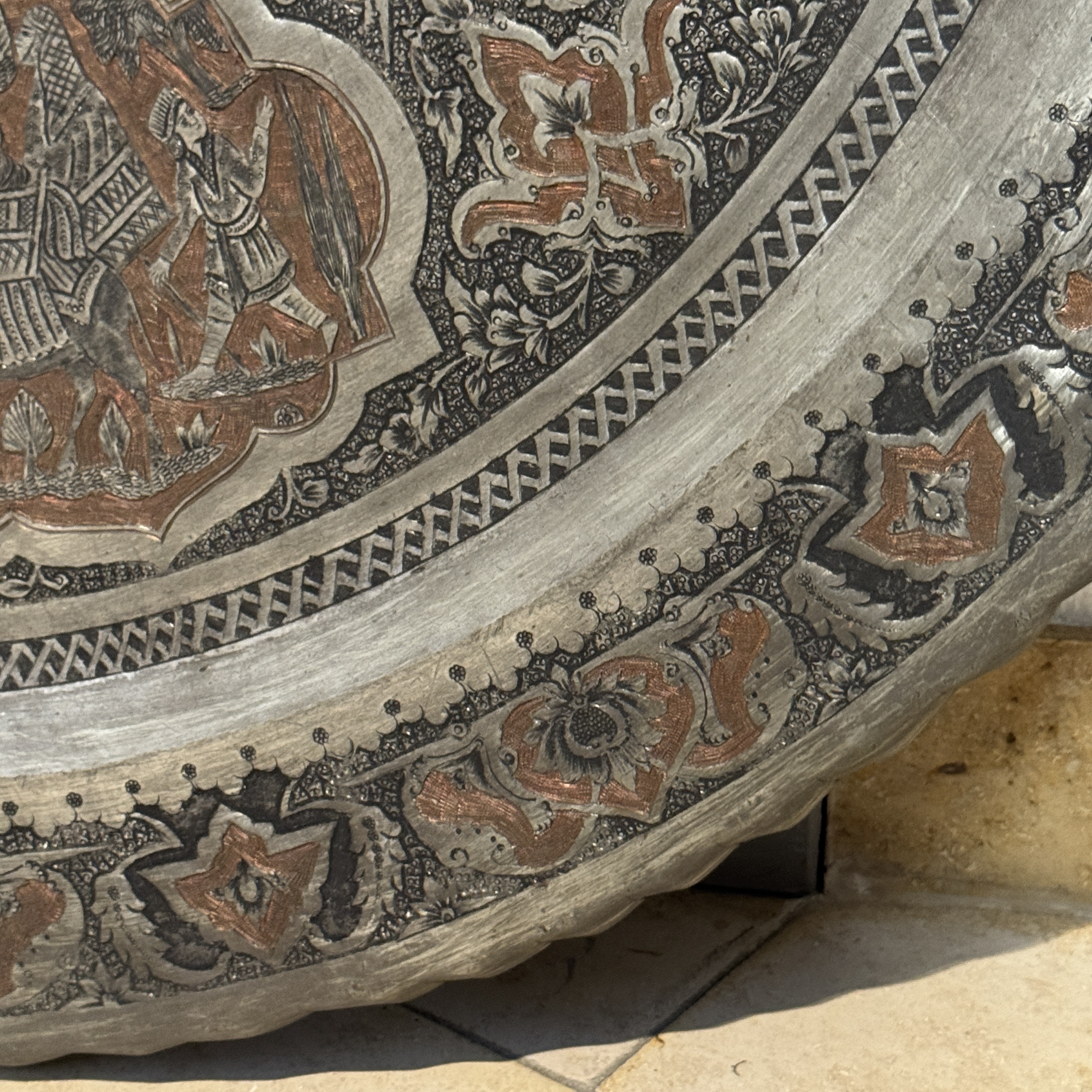 A large Persian engraved tinned-copper tray with narrative design — photo 11
