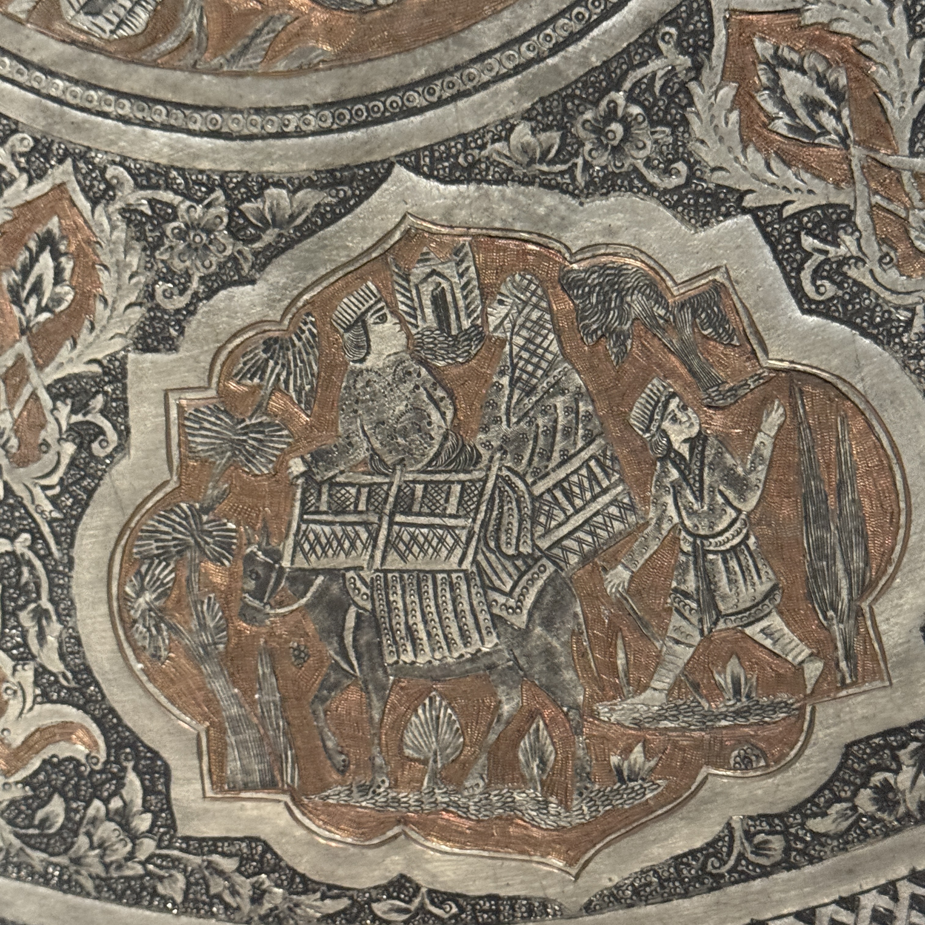 A large Persian engraved tinned-copper tray with narrative design — photo 12
