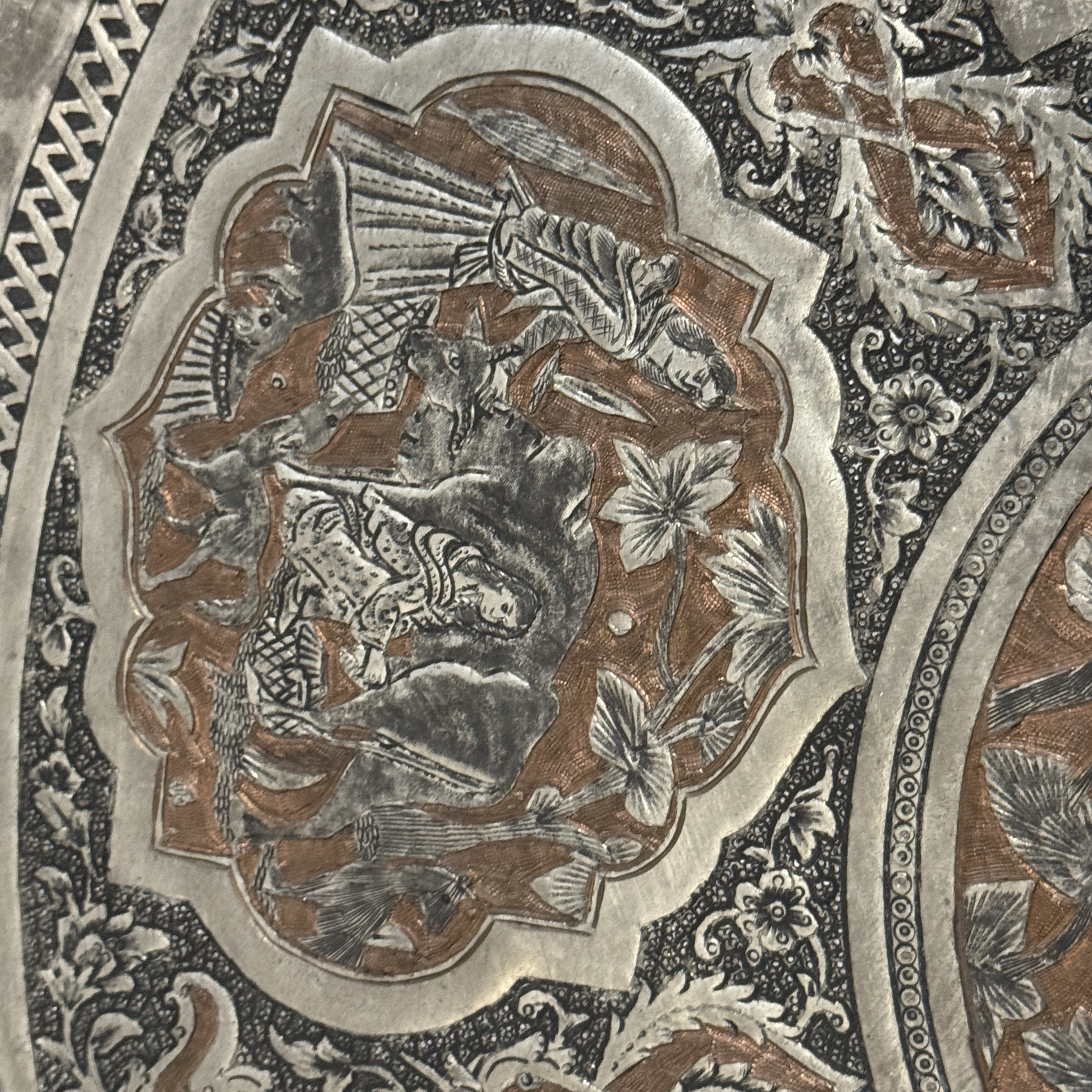 A large Persian engraved tinned-copper tray with narrative design — photo 14