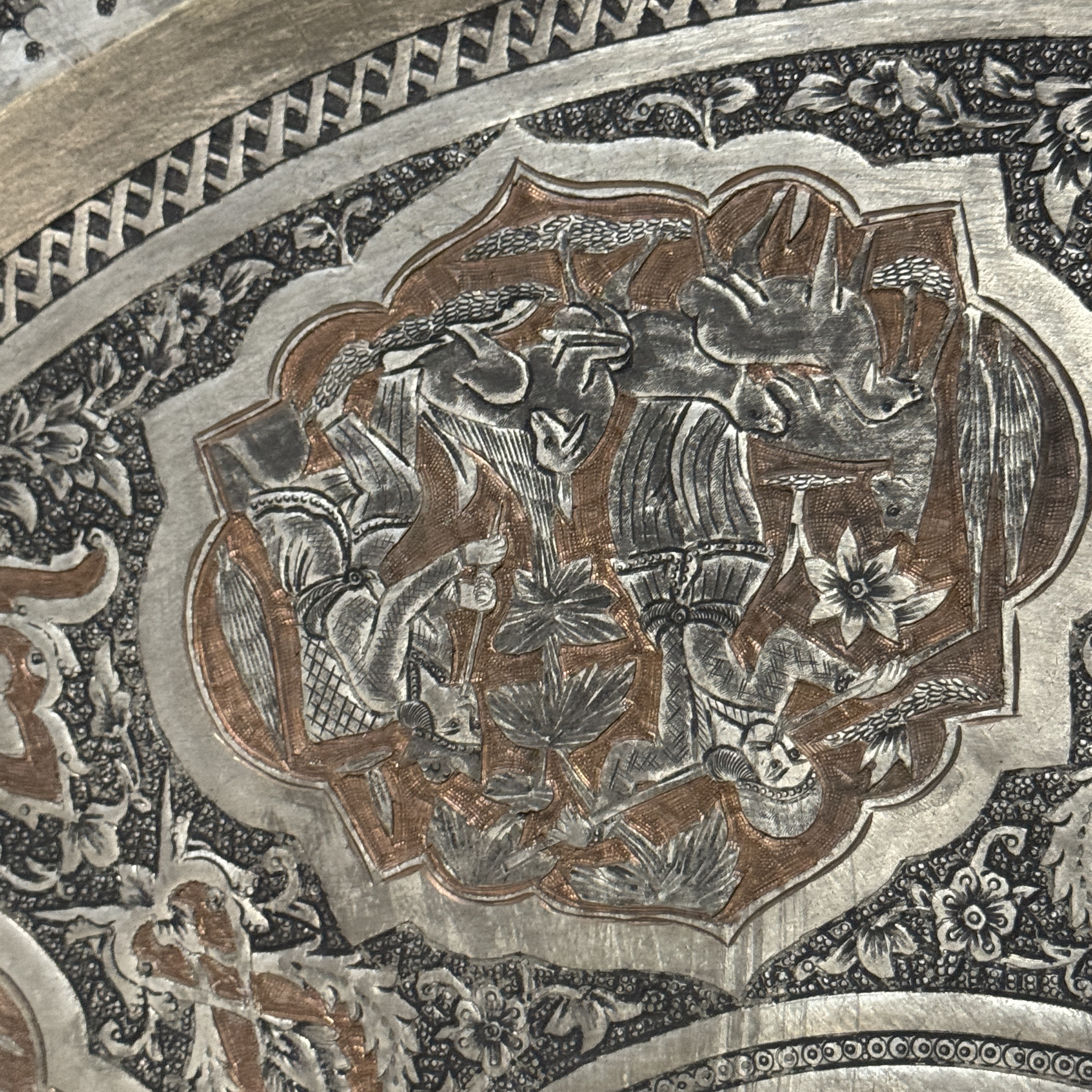 A large Persian engraved tinned-copper tray with narrative design — photo 15