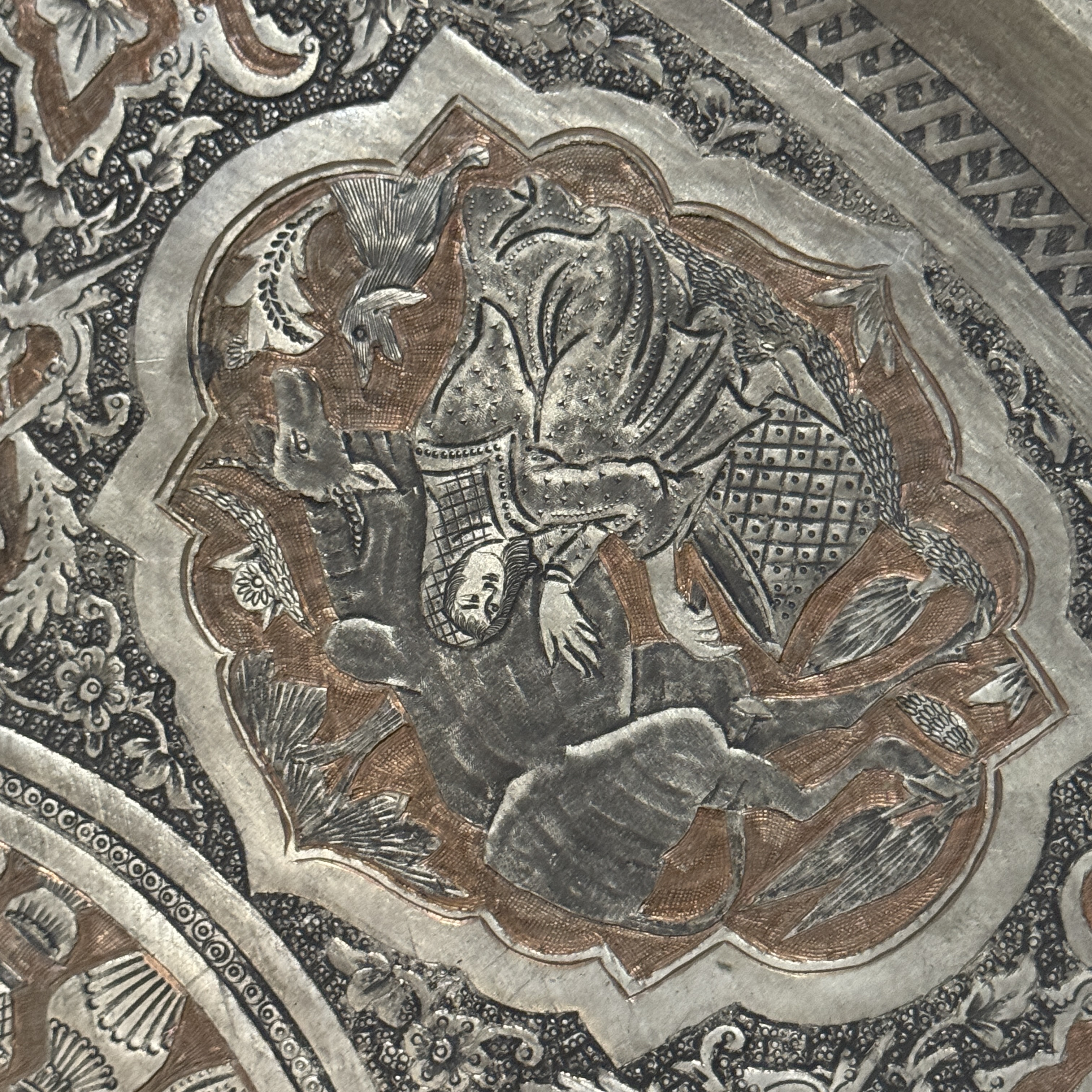 A large Persian engraved tinned-copper tray with narrative design — photo 16