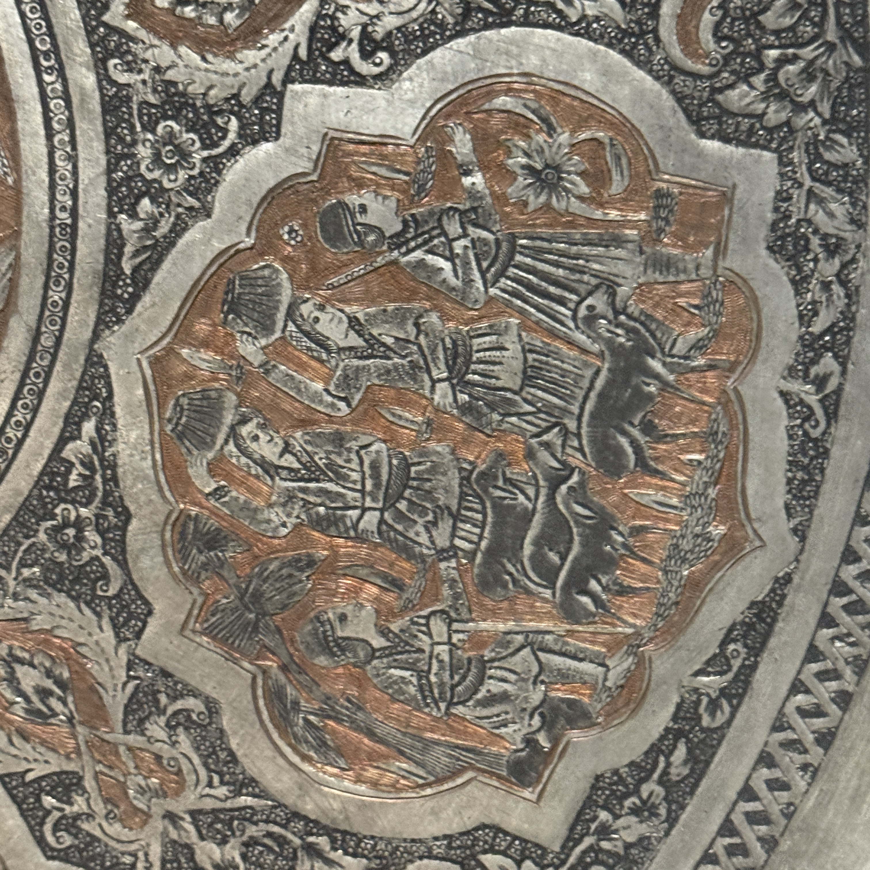A large Persian engraved tinned-copper tray with narrative design — photo 17