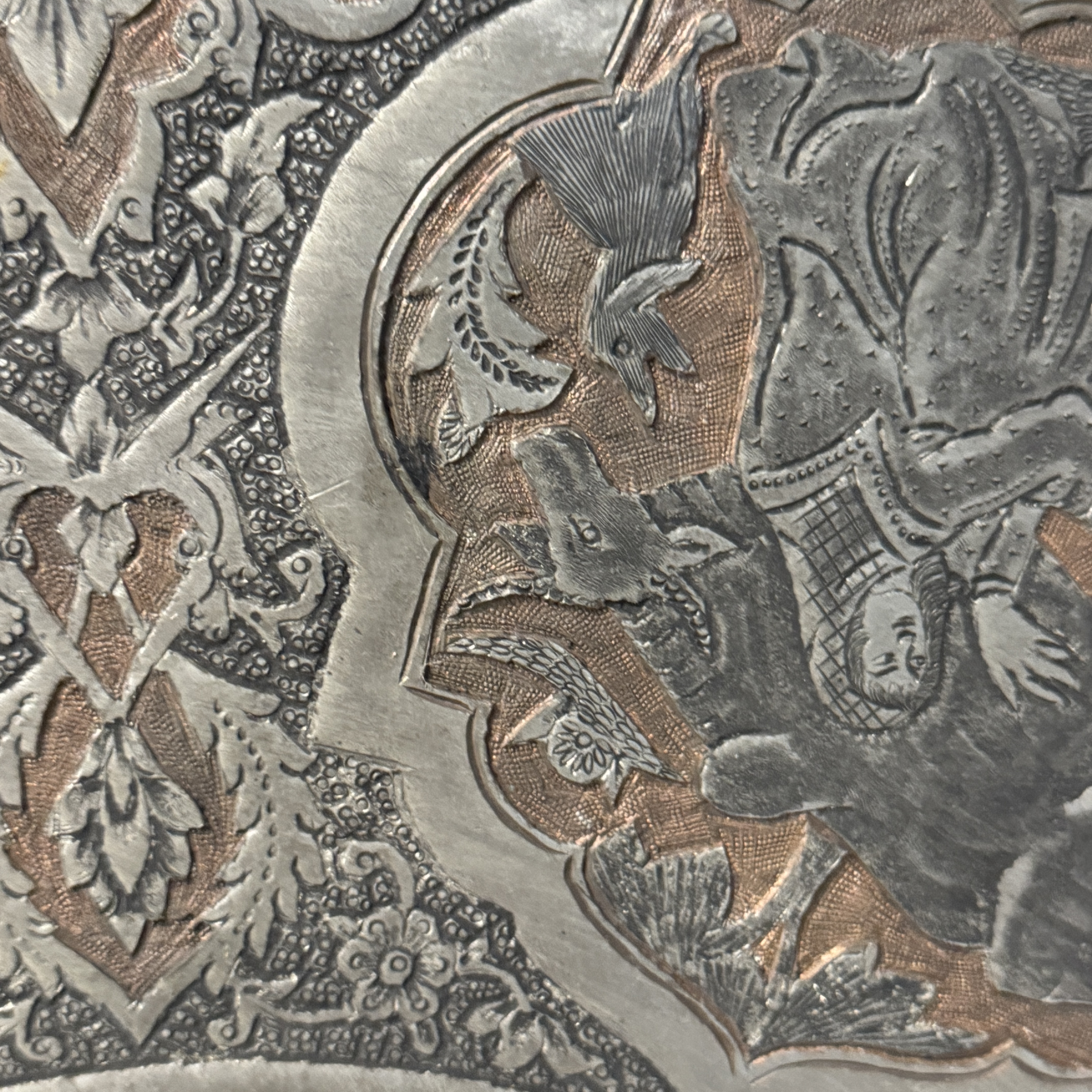 A large Persian engraved tinned-copper tray with narrative design — photo 19