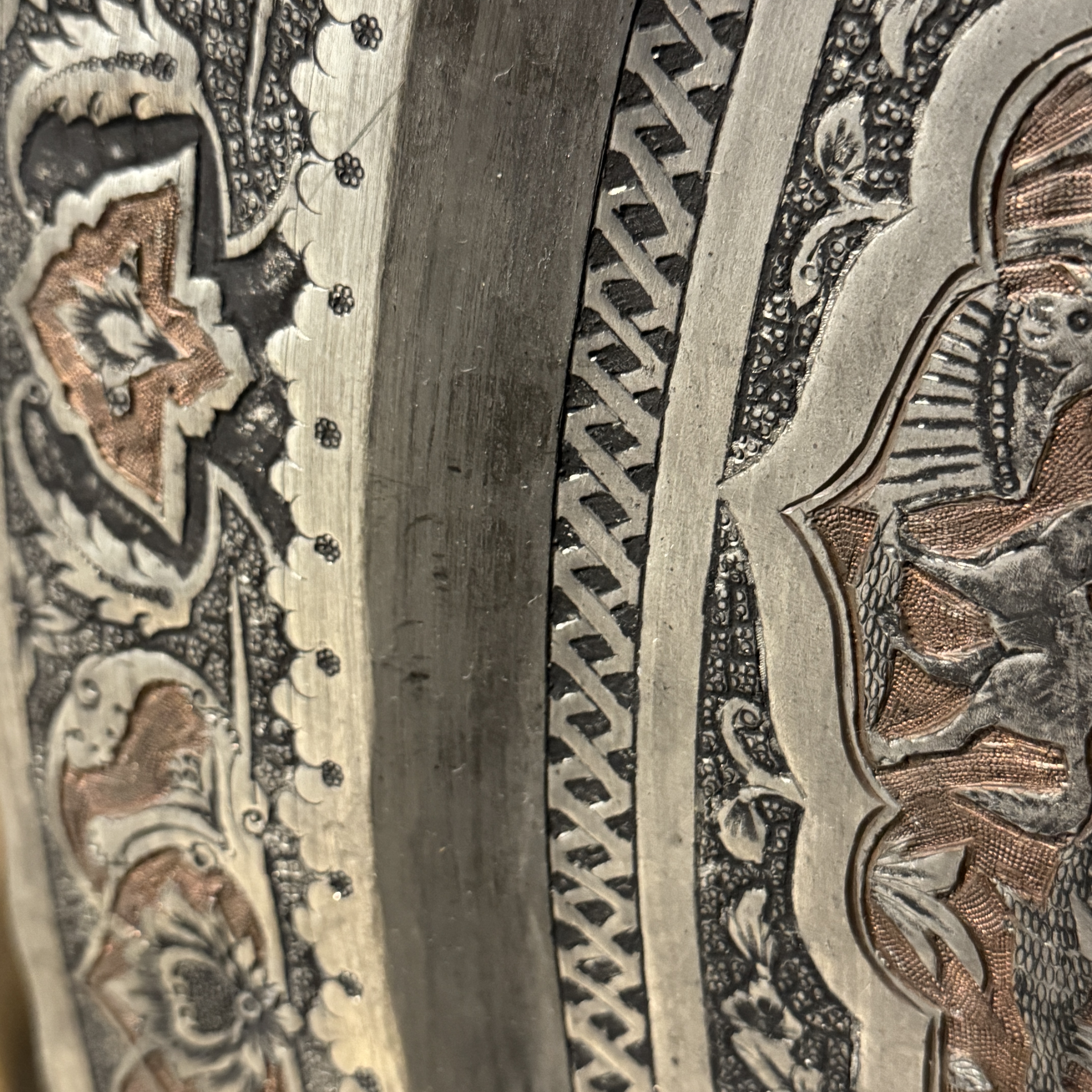 A large Persian engraved tinned-copper tray with narrative design — photo 21