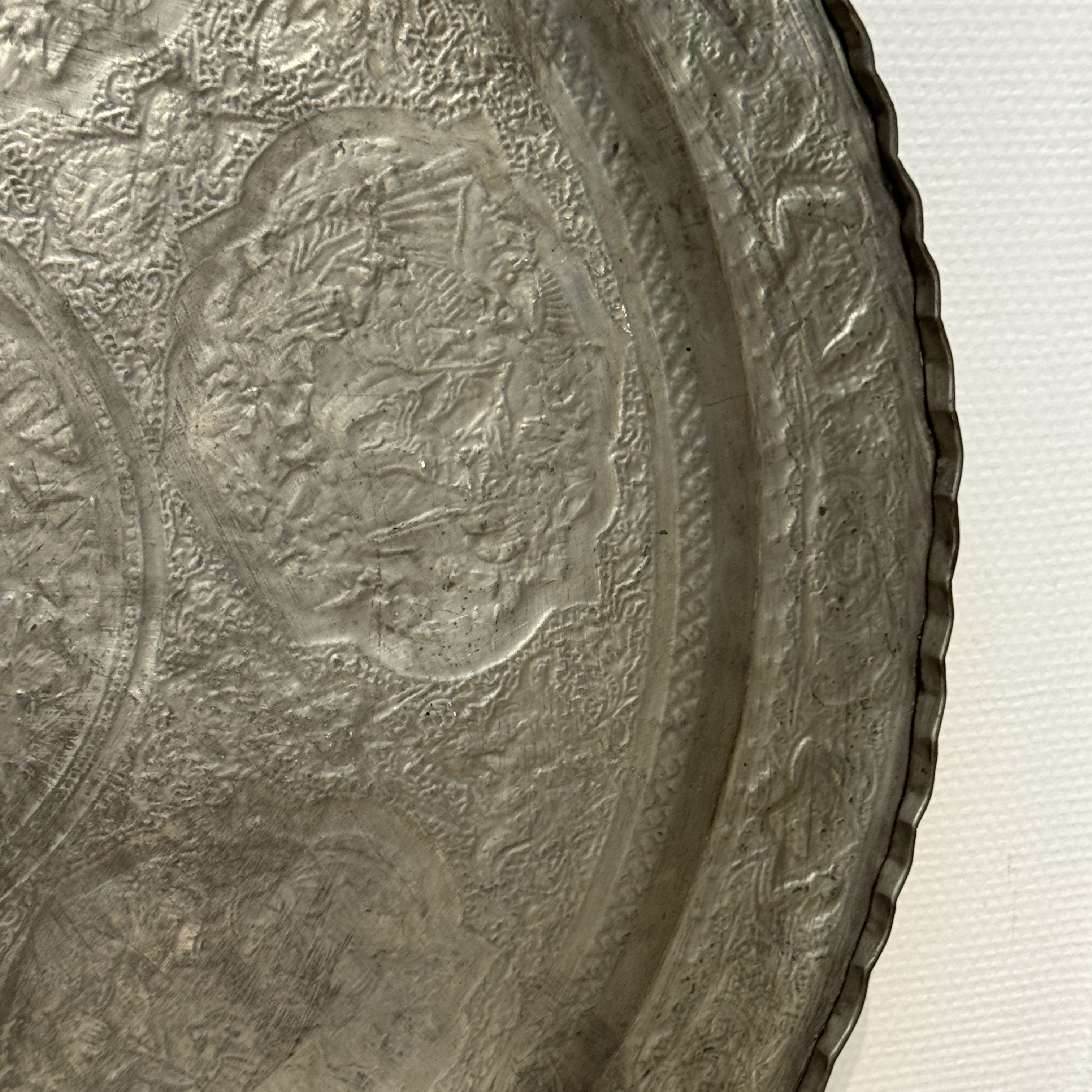 A large Persian engraved tinned-copper tray with narrative design — photo 29