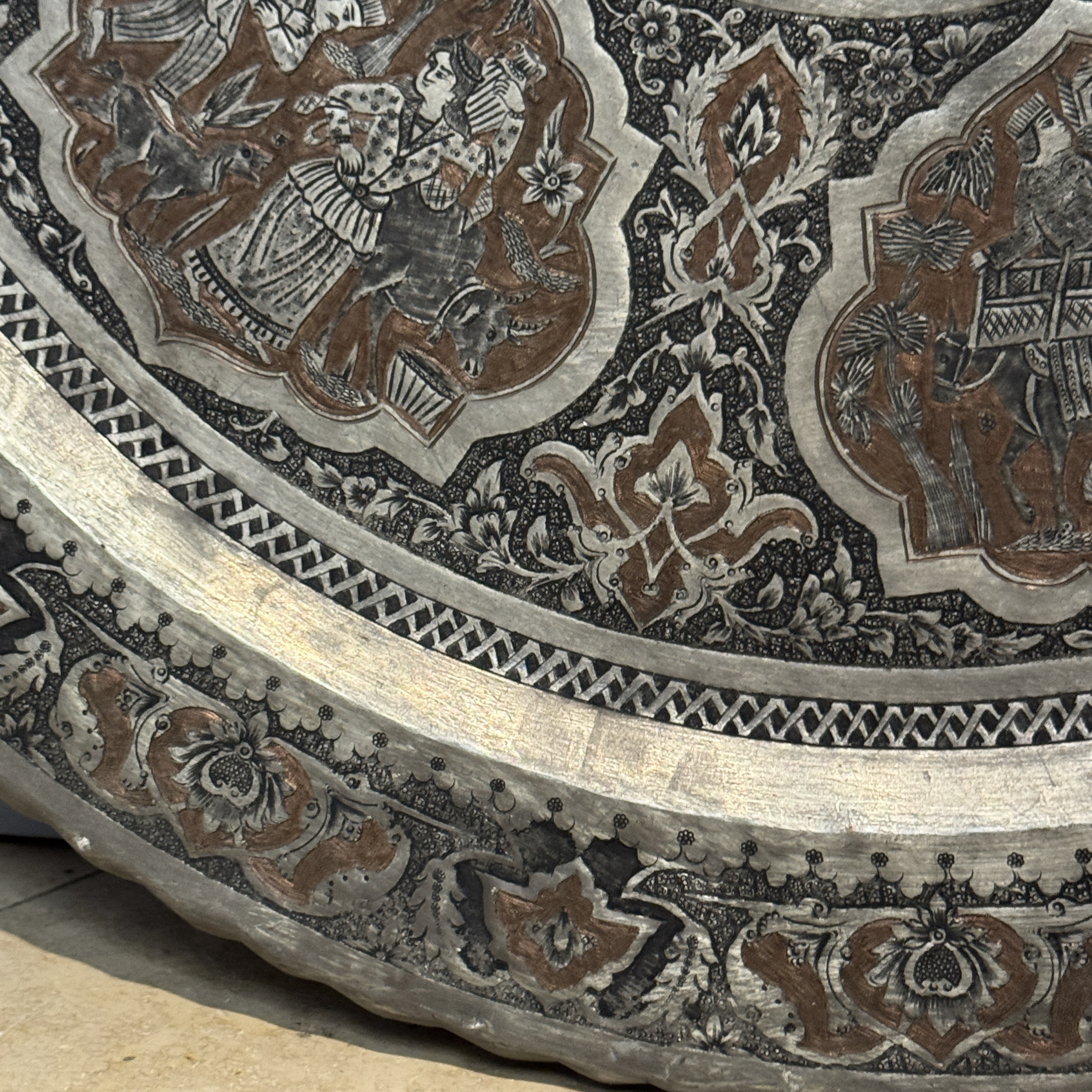 A large Persian engraved tinned-copper tray with narrative design — photo 2