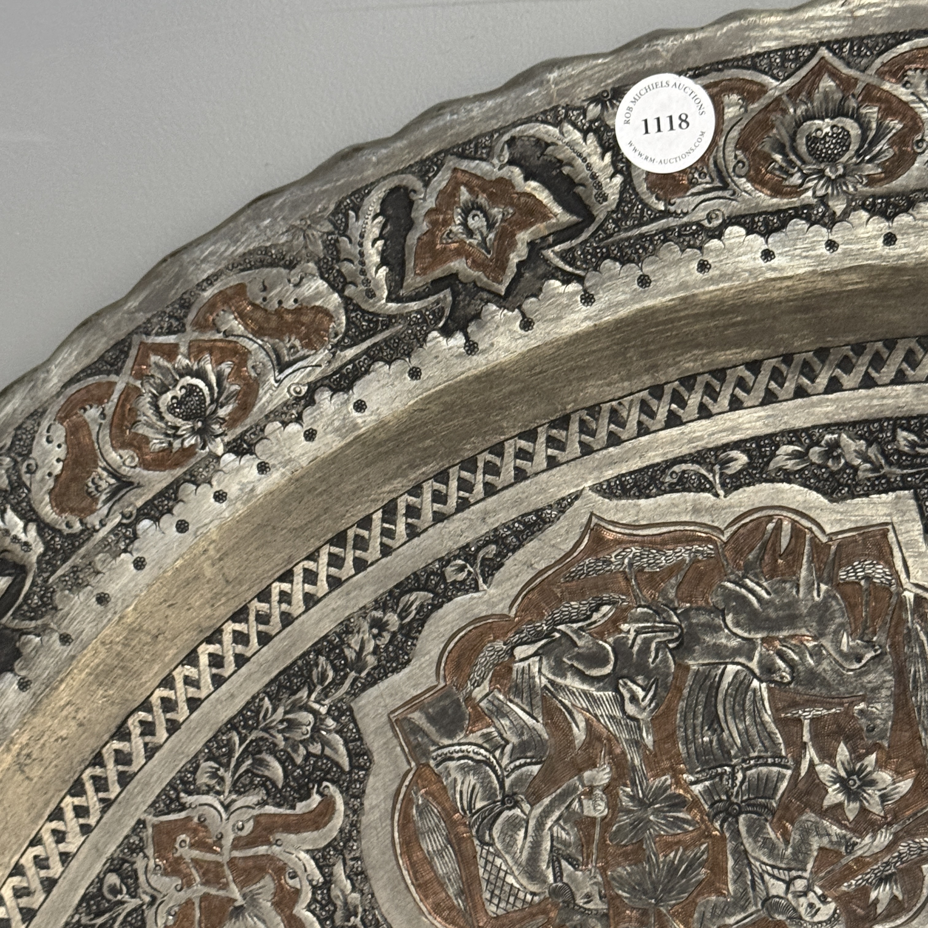 A large Persian engraved tinned-copper tray with narrative design — photo 6