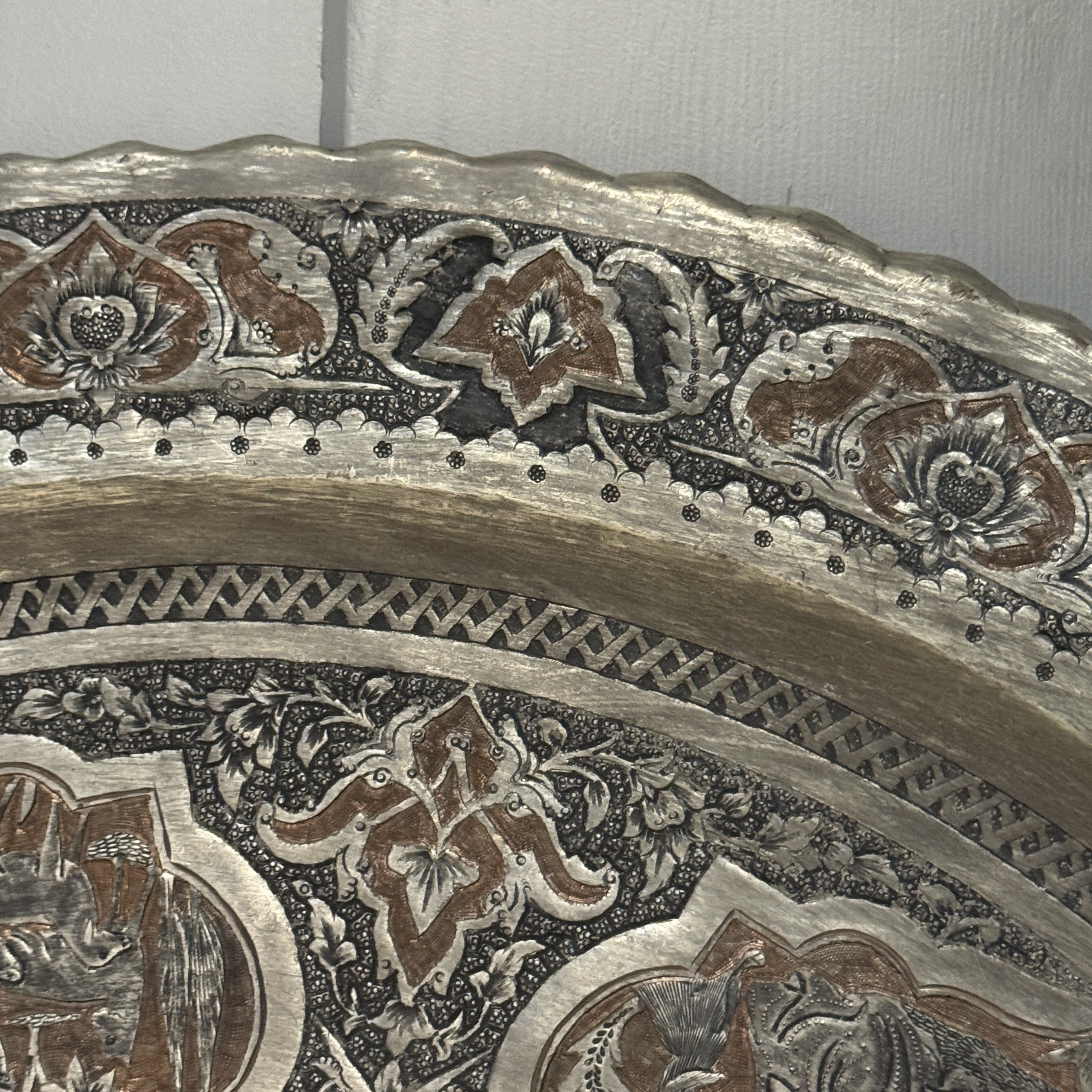 A large Persian engraved tinned-copper tray with narrative design — photo 7