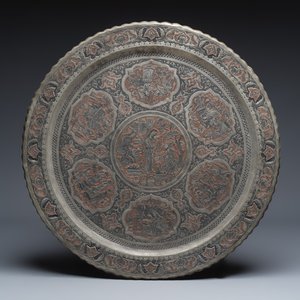 A large Persian engraved tinned-copper tray with narrative design — photo 1