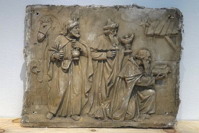 A large plaster cast of a plaque depicting "The Adoration of the Magi", 19/20th C., Bruges