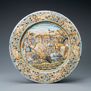 A large polychrome 'battle scene' dish, Francesco Grue workshop, Castelli, Italy, 1st half 17th C. — 照片 1