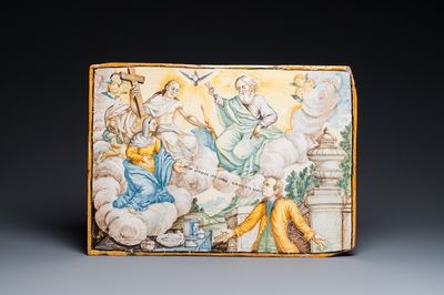 A large polychrome Castelli faience plaque with a singer in front of Christ, God and the Virgin, Italy, 18th C.