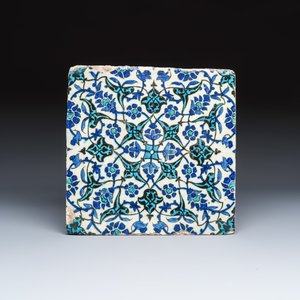 A large polychrome Damascus pottery tile with ornamental floral design — photo 1