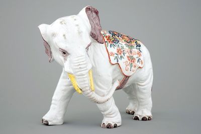 A large polychrome Delft model of an elephant, 19th C.