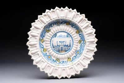 * A large polychrome French lobed 'castle' dish, Marseille or Saint-Jean-du-Désert, late 17th C.