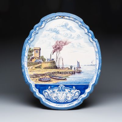 A large polychrome Frisian Dutch Delft plaque with a harbour scene, Makkum, 19th C.
