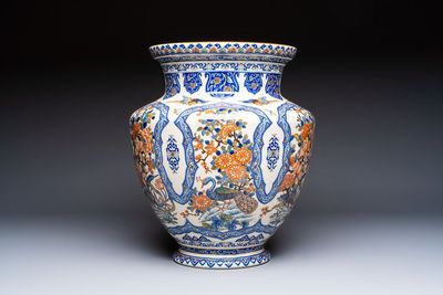 A large polychrome Gien faience 'Birds among Flowering Branches' vase, marked, France, 19/20th C.