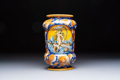 A large polychrome Italian maiolica 'Fortuna' albarello, Casteldurante or Pesaro, ca. 1580