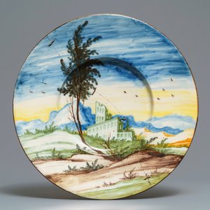 A large polychrome Italian maiolica landscape dish, Pavia, ca. 1700 — photo 1