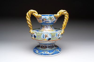 A large polychrome Nevers faience pot-pourri or flower arranging vase, France, 17th C.