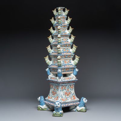 A large pyramidal polychrome Dutch Delft style tulip vase, Dèsvres, 19th C.