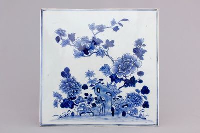 A large rectangular blue and white tile with floral decoration, Qianlong, 18th C.