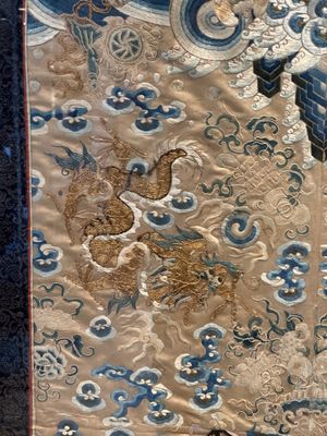 A large rectangular Chinese gold thread-embroidered silk panel decorated with four four-clawed dragons, Qing — photo 5