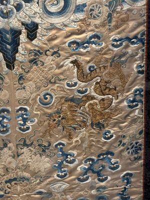 A large rectangular Chinese gold thread-embroidered silk panel decorated with four four-clawed dragons, Qing — photo 6