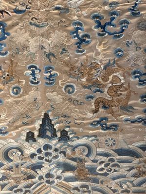 A large rectangular Chinese gold thread-embroidered silk panel decorated with four four-clawed dragons, Qing — photo 10