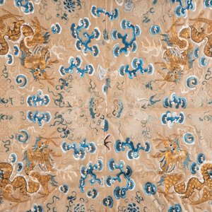 A large rectangular Chinese gold thread-embroidered silk panel decorated with four four-clawed dragons, Qing — photo 1