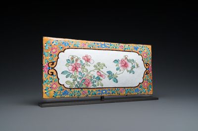 A large rectangular Chinese gold-yellow-ground Canton enamel plaque with fine floral design, Yongzheng