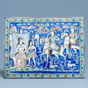 A large rectangular polychrome 'prince on horseback' tile, Qajar, Iran, 19th C. — photo 1