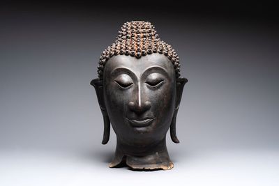 A large Thai bronze Buddha head, Sukhothai period, 15th C.