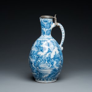 A large twisted Dutch Delft blue and white pewter-mounted ewer, 17th C. — 照片 2