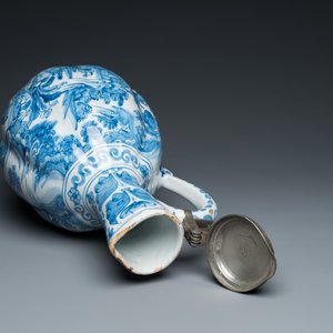 A large twisted Dutch Delft blue and white pewter-mounted ewer, 17th C. — 照片 8