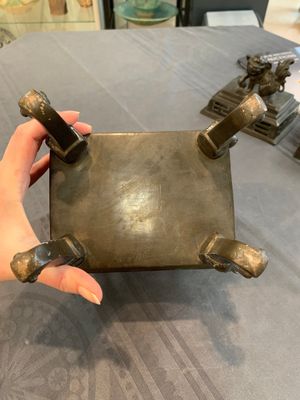 A large Vietnamese copper- and silver-inlaid rectangular 'Buddhist lion' censer and cover on stand, 19th C. — photo 11