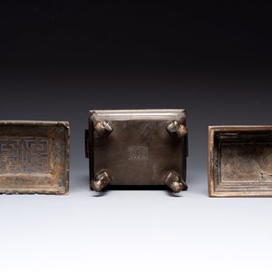 A large Vietnamese copper- and silver-inlaid rectangular 'Buddhist lion' censer and cover on stand, 19th C. — photo 7