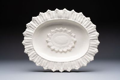 A large white-glazed 'Sunburst' oval dish, Saint-Jean-du-Désert or Marseille, France, 17th C.